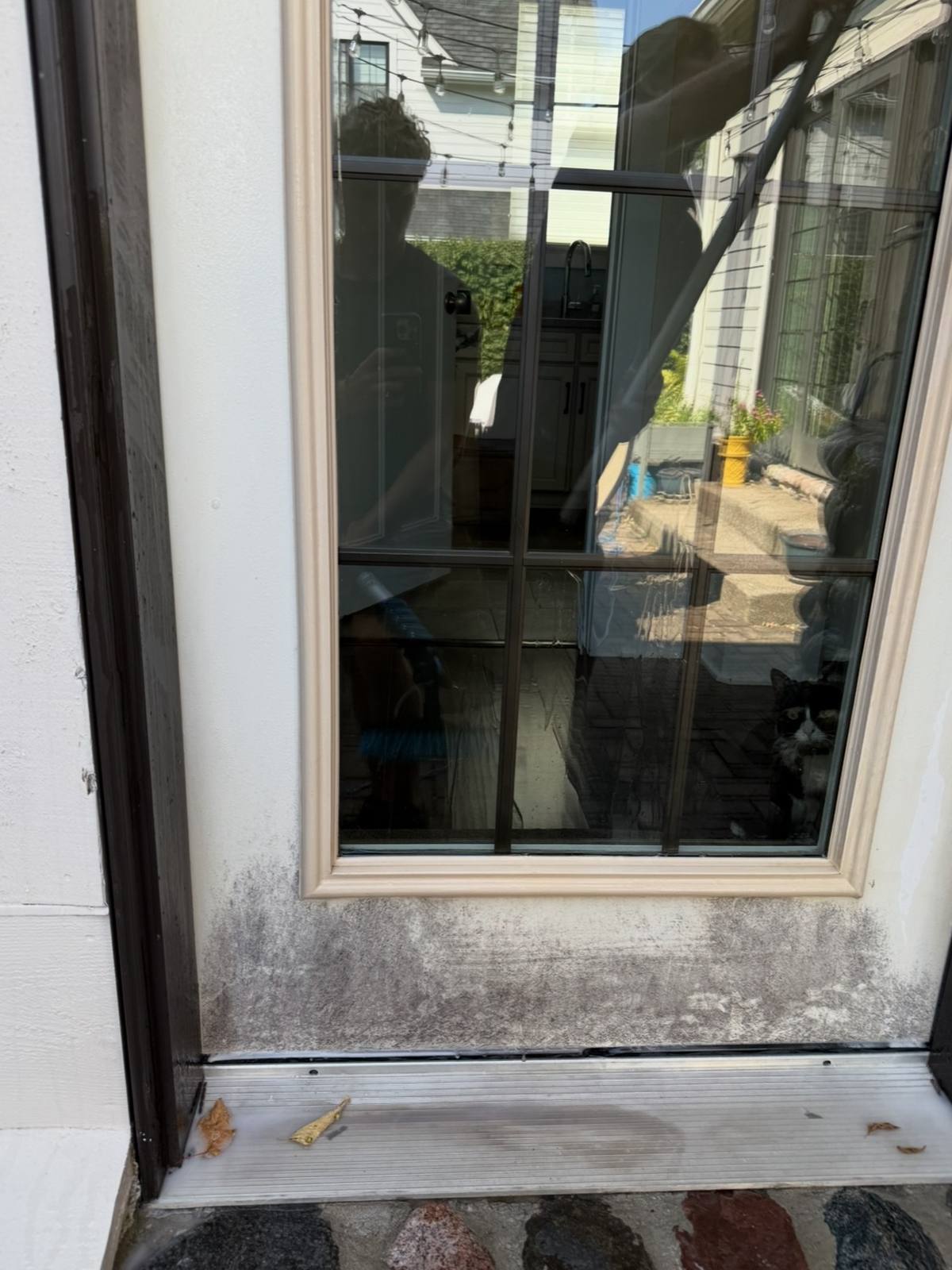 Before: a white patio door with grey grime built up across the lower panel and threshold